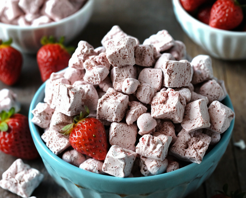 Close-up of homemade Muddy Buddies (Puppy Chow) – a sweet, crunchy snack made from cereal coated in chocolate, peanut butter, and powdered sugar.