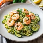 A plate of Garlic Butter Shrimp Scampi with Zucchini Noodles, garnished with fresh parsley and grated Parmesan cheese, placed on a light, airy kitchen countertop.