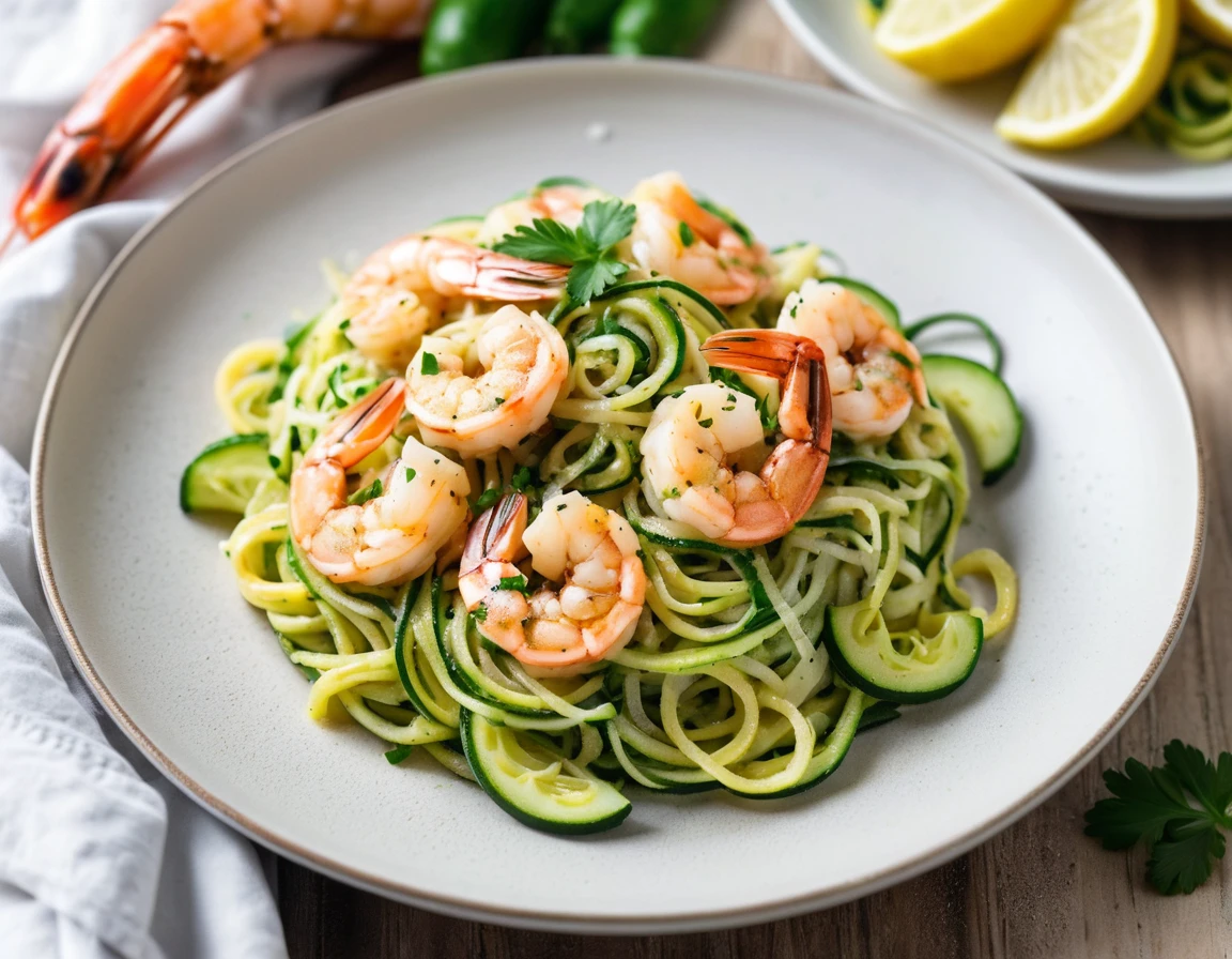 A plate of Garlic Butter Shrimp Scampi with Zucchini Noodles, garnished with fresh parsley and grated Parmesan cheese, placed on a light, airy kitchen countertop.