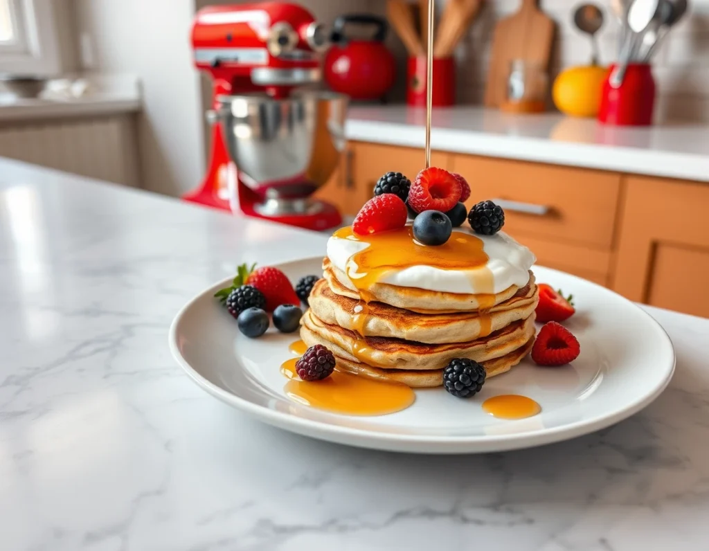 Fluffy Greek Yogurt Pancakes topped with Fresh Berries and Maple Syrup