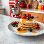 Fluffy Greek Yogurt Pancakes topped with Fresh Berries and Maple Syrup