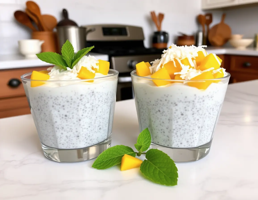 Final presentation of Overnight Chia Pudding with Mango & Coconut, garnished with fresh mint leaves in a cozy kitchen setting